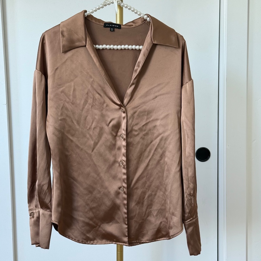 Pleione Satin Button-Down Blouse in Bronze